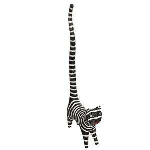 Artisan Black White Striped Folk Art Long Tail Cat Figure 12" Tail